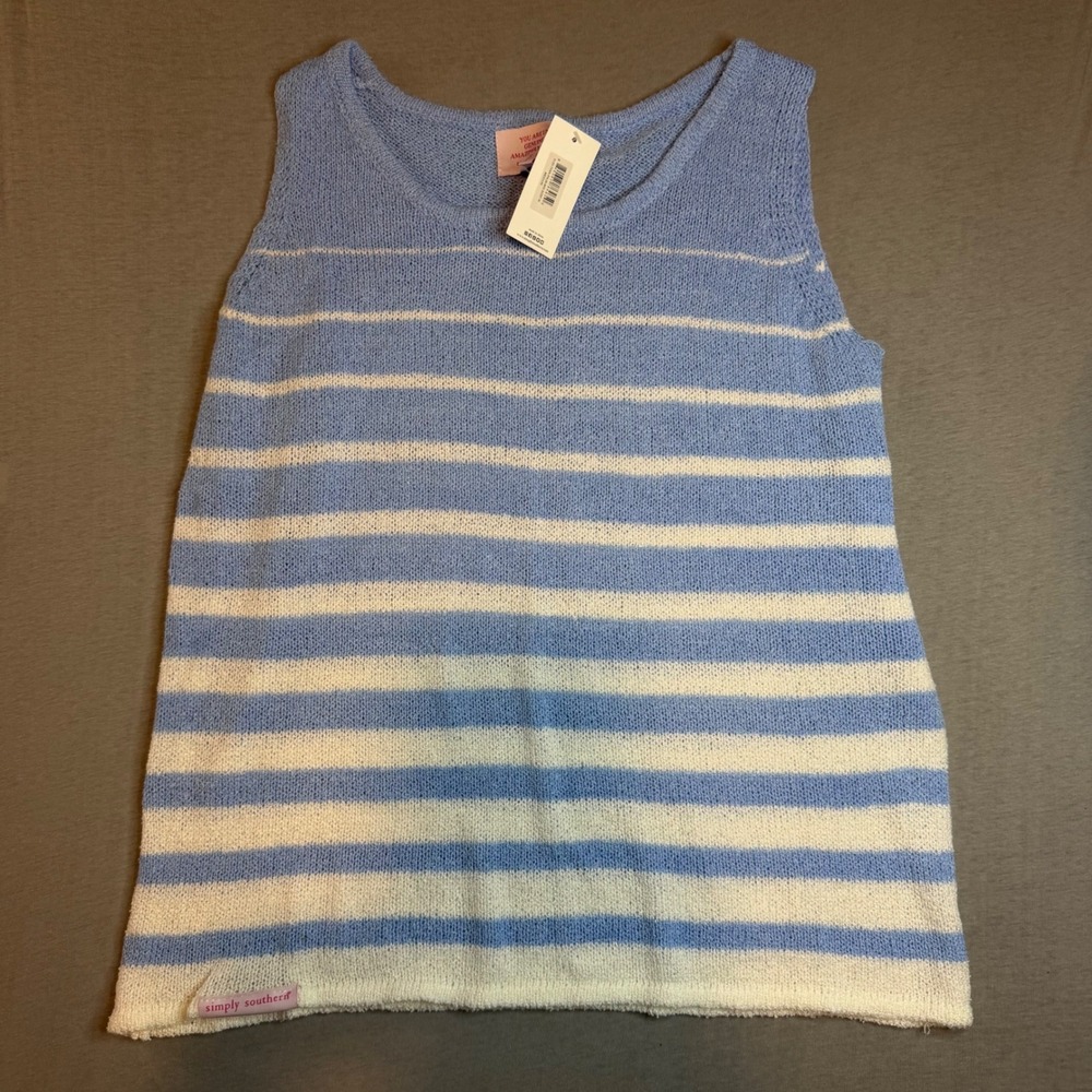 Simply Southern Knit Striped Tank Top Blue White Palm Mid Surf Medium NWT